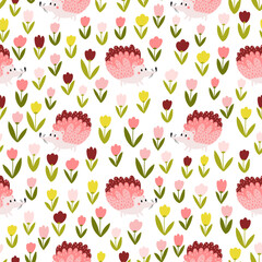 Floral seamless pattern with hedgehogs