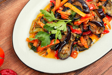 Aubergine saute, tasty vegetable stew.