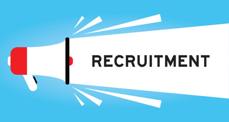 Color megaphone icon with word recruitment in white banner on blue background