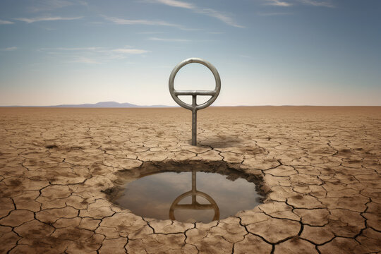 Generative AI image of metal pole near pond surrounded with dry crack landscape against blue sky