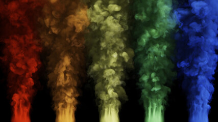 Clouds of multi-colored smoke rise up on a black background. 3d illustration.