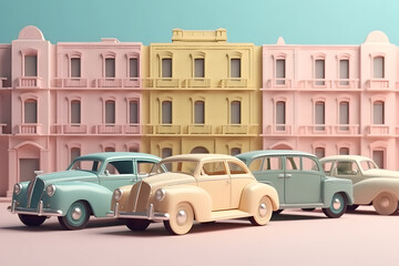 Generative AI illustration of bright old fashioned cars parked on roadside parking lot in front of old building with columns and arched windows