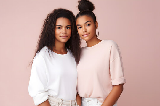 Generative AI illustration of young African American identical female siblings in standing against pink background and looking at camera