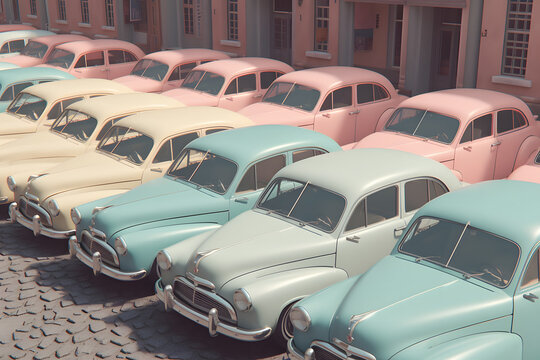 Generative AI illustration of multicolored retro cars parked on asphalt park in city with modern apartment in bright daylight