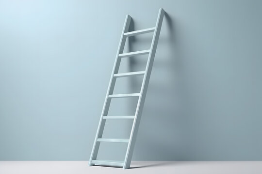 Generative AI illustration of blue ladder leaning vertically on blue wall background of empty bright studio room