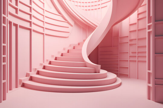 Generative AI illustration of bright pink colored modern spiral stairway with sectioned solid walls and concrete railings in modern house interior