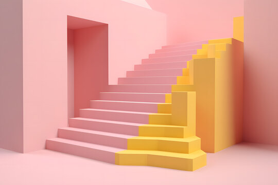 Generative AI illustration of bright pink and yellow colored interior modern stairway with walls of city apartment in 3D viewgenerative