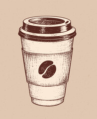 Vector sketch illustration of coffee paper cup with bean isolated on vintage background.