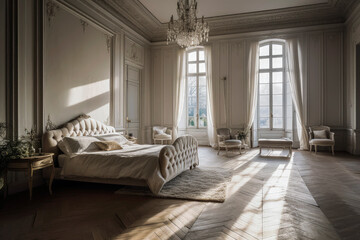 Generative AI illustration of large luxury bedroom with powdery pastel colors walls with luxury furniture of bedroom and sunbeams