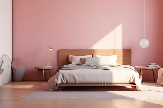 Generative AI image of comfortable bed with pillows and blanket near pink wall in spacious bedroom during daytime
