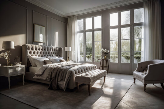 Generative AI illustration of large luxury bedroom with powdery pastel colors walls with luxury furniture of bedroom and sunbeams
