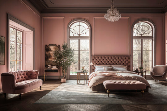 Generative AI illustration of large luxury bedroom with powdery pastel colors walls with luxury furniture of bedroom and sunbeams