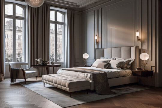 Generative AI illustration of large luxury bedroom with powdery pastel colors walls with luxury furniture of bedroom and sunbeams