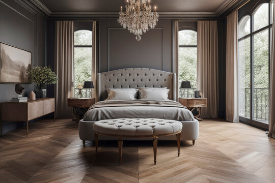 Generative AI illustration of large luxury bedroom with powdery pastel colors walls with luxury furniture of bedroom and sunbeams