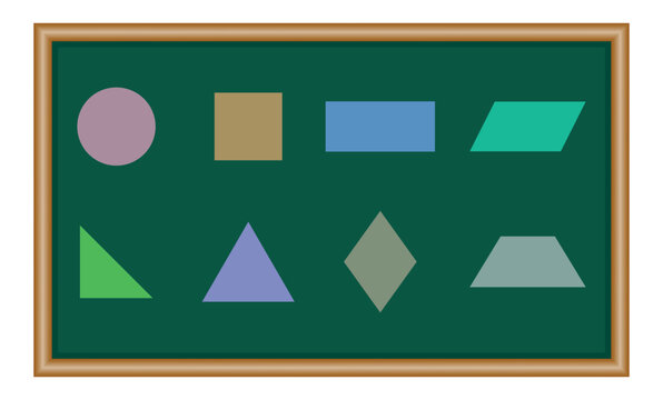 2D basic geometric shapes set. Square, right triangle, parallelogram, circle, rectangle, trapezoid, rhombus and pentagon shapes. Mathematics resources for teachers and students.