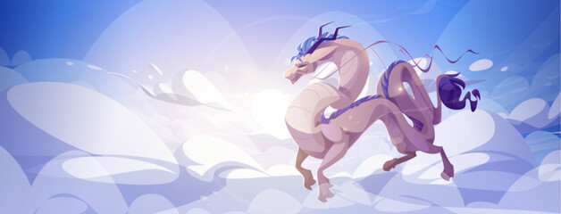 Cartoon dragon flying above clouds. Vector illustration of fantastic creature with long tail, blue mane and horns, clawed paws against heavenly cloudscape background. Traditional asian mascot animal