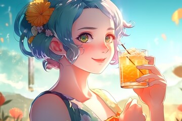 cute young woman with blue hair holding an orange drink in her hand summer sunny day in anime style. generated ai