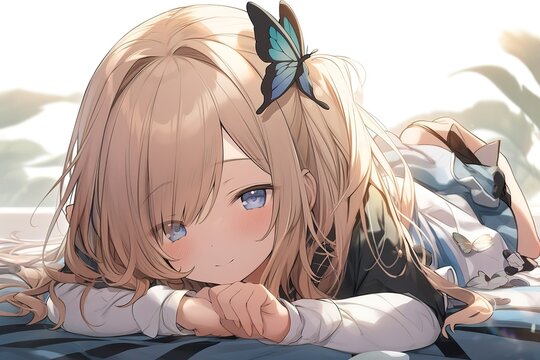 cute kawaii anime girl with blue eyes and white hair lies on the bed. generated ai