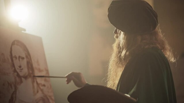 Re-enactment of the Birth of the Mona Lisa Painting: First Brushstrokes of the Famous Masterpiece Done by the Genius Leonardo da Vinci in his Art Workshop. Inspiration and Talent Portrayed on Canvas