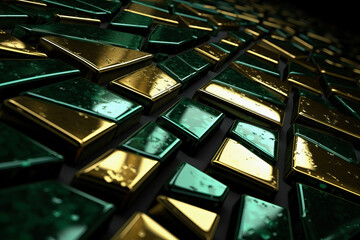 Generative AI image of yellow and green shiny metal bars with water drops in dark room