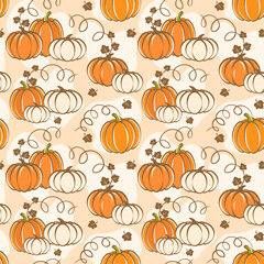 Decorative seamless pattern with pumpkins, autumn gardening and harvest concept, vector background.