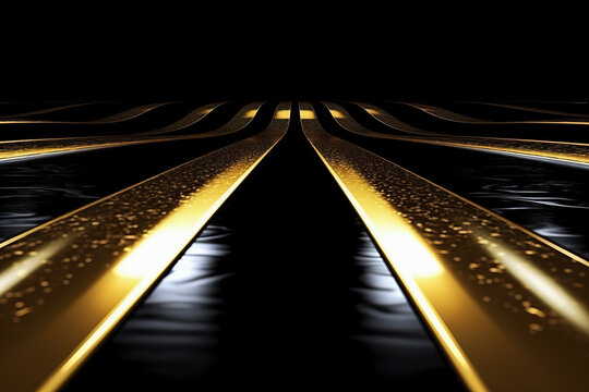 Generative AI illustration of abstract black background with long golden stripes in dark studio