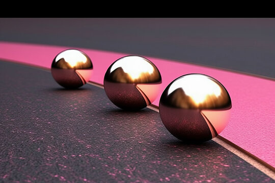 Generative AI illustration of row of three spherical balls with shiny reflections on surface near pink stripe