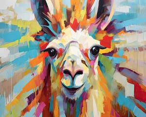 llama form and spirit through an abstract lens. dynamic and expressive lama print by using bold brushstrokes, splatters, and drips of paint. llama raw power and untamed energy