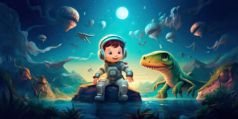 Fototapeta na wymiar kids illustration of a space boy with dinossaurs