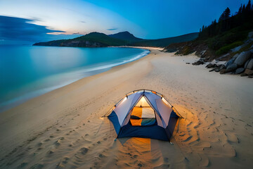 tent on the beach, night camping on shore, blue water and forest background