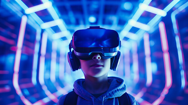 Generative AI image of little boy in futuristic goggles interacting with virtual reality while exploring cyberspace in bright room