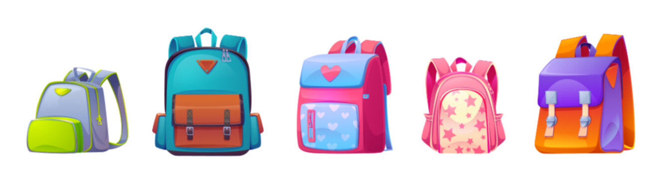 Set of kids school bags isolated on white background. Vector cartoon illustration of colorful textile backpacks with pockets and badges. Collection of travel rucksacks. Tourism adventure accessories