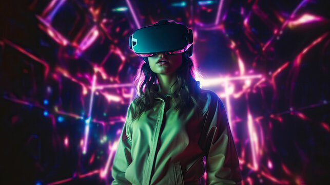 Generative AI image of young female in raincoat and modern goggles interacting with virtual reality while exploring cyberspace against glowing lights