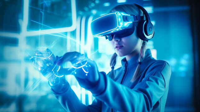 Generative AI image of young woman in futuristic goggles interacting with virtual reality while exploring cyberspace in bright room