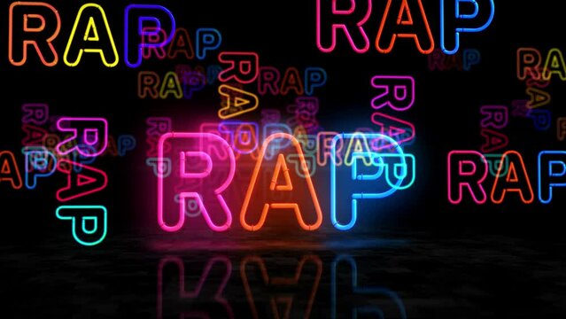 Rap music neon glowing symbol. Light color bulbs. Rap battle and hip hop retro style  abstract concept 3d animation.