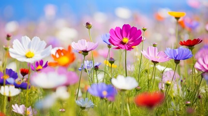 Nature floral background in early summer. Colorful natural spring landscape with with flowers, soft selective focus, Generative AI illustration