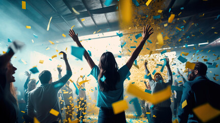 people dancing with blue and yellow confetti