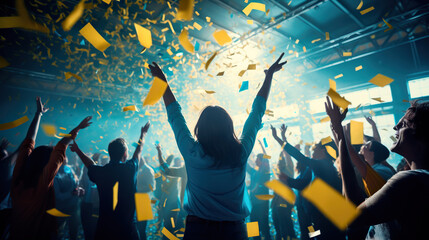 people dancing with blue and yellow confetti