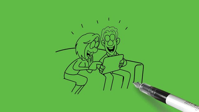 draw young couple sit on sofa set see electric modern device tablet and enjoy happily with black outline on abstract green screen background 
