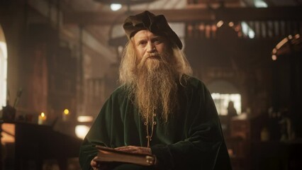 Zoom in: Portrait of Old Male Historical Figure Reading a Book then Looking at the Camera with a Smile. Friendly Renaissance Librarian Keeping Treasures of Knowledge and History Safe