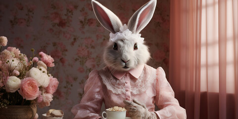 Fototapeta premium bunny with pink granny clothes