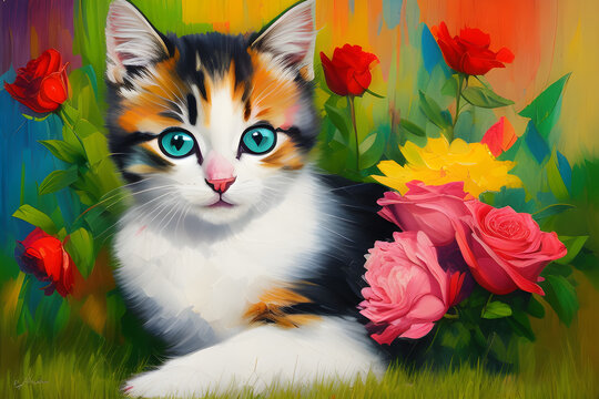 Painting of a cute kitten with green eyes surrounded by roses generated by artificial intelligence. Generative ai illustration