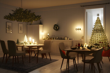 Room decorated in Christmas style to create a peaceful and relaxing atmosphere during the Christmas holidays. Generative ai illustration. Neural network generated art