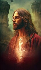 Cover with portrait of Jesus Christ with lighting effects Generative AI Illustration