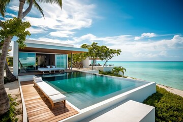 Fototapeta na wymiar Swimming pool on luxury villa in tropical island. Panorama