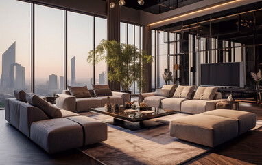 Interior design. A large living room with sofas and armchairs, furnished with style and with a luxurious look. The architecture is modern with black steel and glass