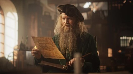 Portrait of an Old Renaissance Male Inventor Reading a Book and Thinking about Ideas of Innovation of the Times. A Curious Librarian Getting Knowledge and Wisdom from History Books