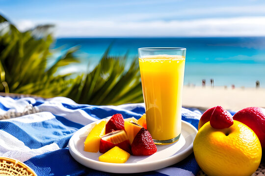 orange juice and fruits on the beach