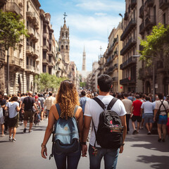 Tourists in Barcelona. Generative AI. - obrazy, fototapety, plakaty