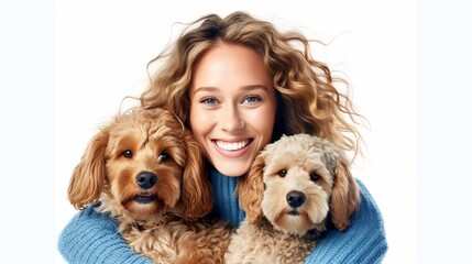 Smiling young woman with blond hair hugging puppies, isolated on white background, copy space, generated by AI